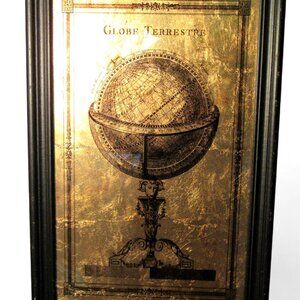 Vintage GLOBE TERRESTRE Gold Foil World Map Framed 23" Tall